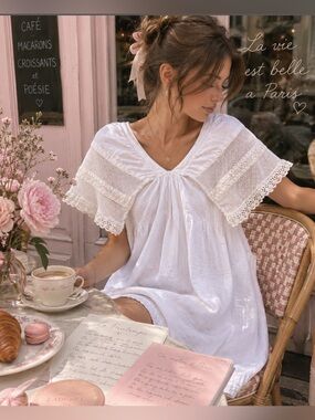 Vanilla Sweet Cape Sleeves White Lace-Trim Mini Dress
